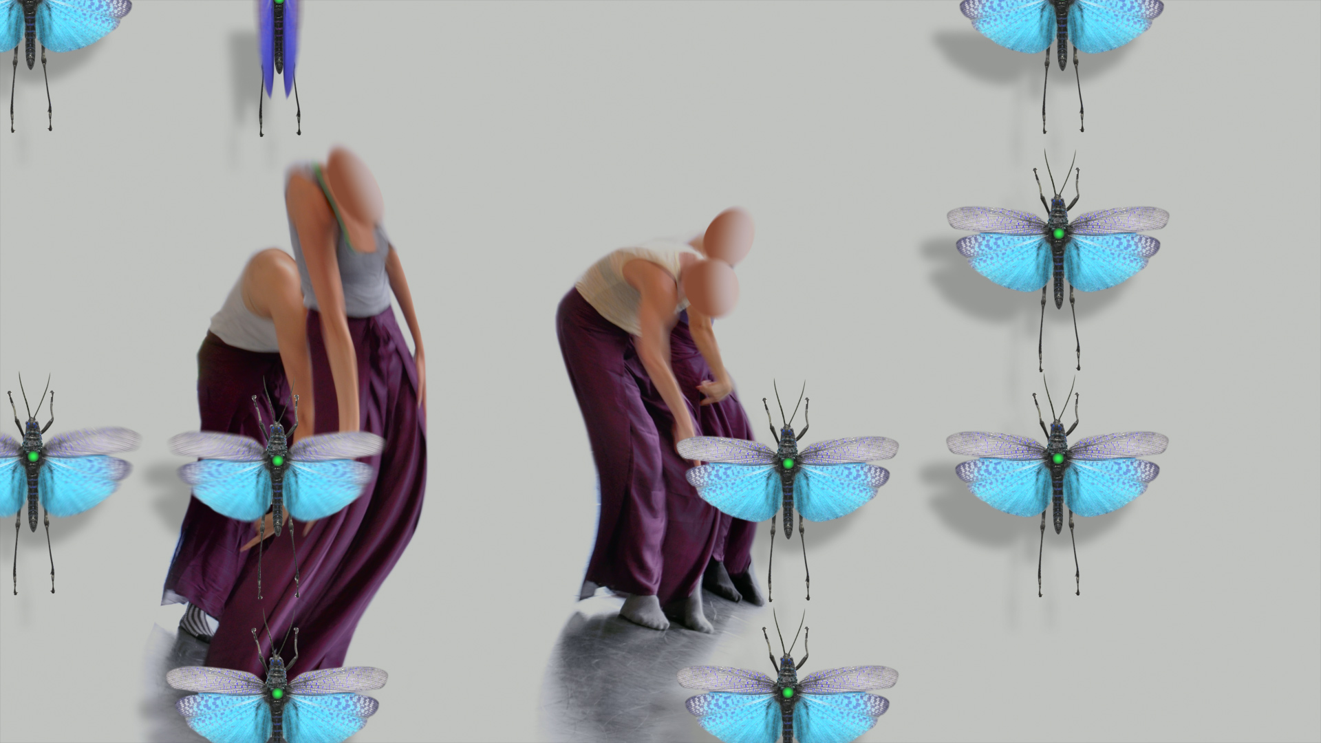 leuchtend blaue Schmetterlinge vor gebeugten Figuren