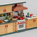 Puppenküche: Einbauküche mit Holzfronten und roten Griffen