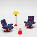 Sessel, Tisch und Lampe in knallig bunten Farben