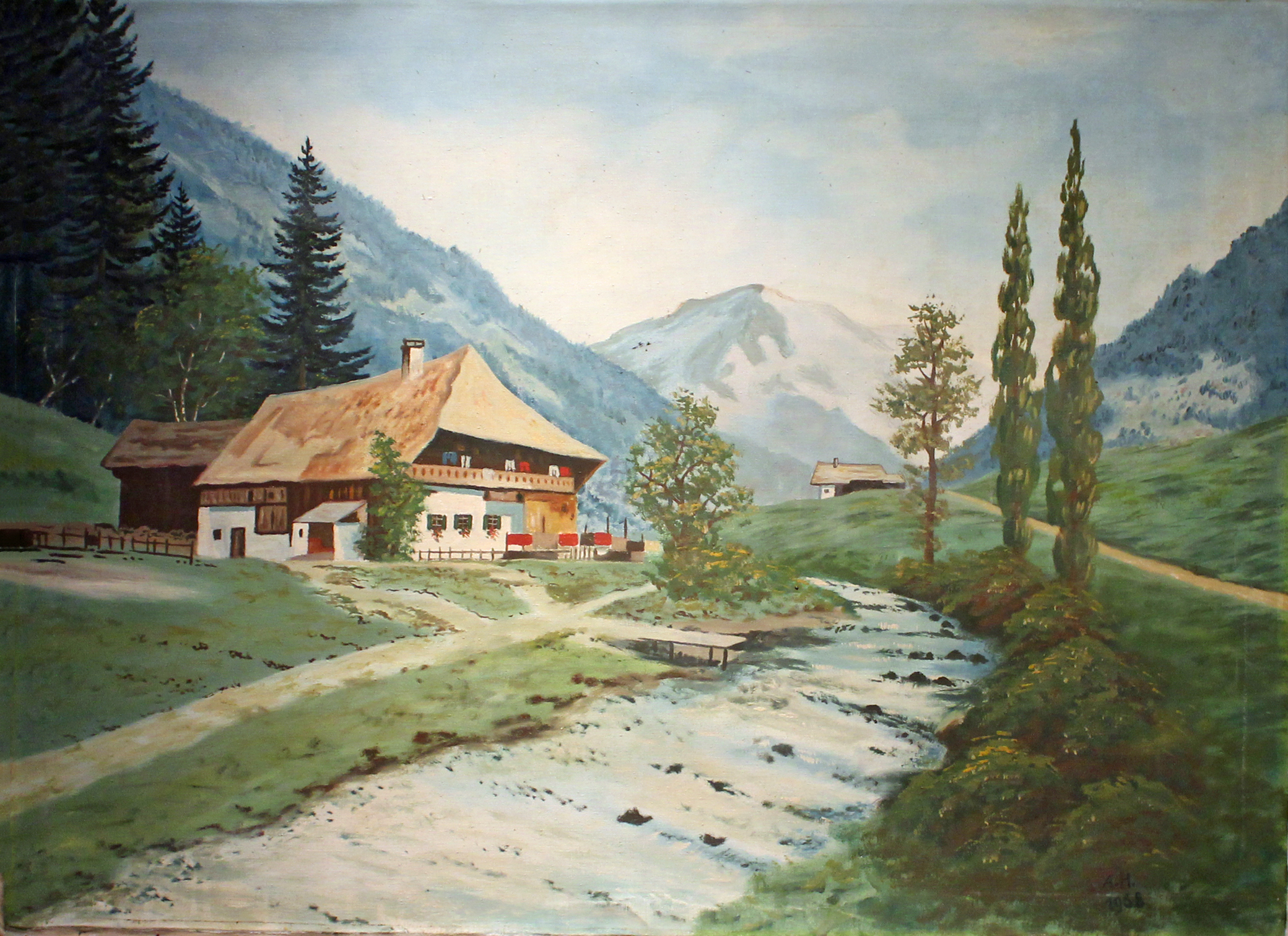 romantisches Gemälde mit Bergen, Bach, Bauernhaus, Bäumen
