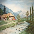 romantisches Gemälde mit Bergen, Bach, Bauernhaus, Bäumen