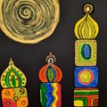 Sonne und bunte Türme vor schwarzem Hintergrund gemalt