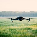 Drohne fliegt über landwirtschaftlicher Wiese