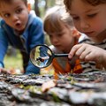 Kinder mit Lupe untersuchen Insekt