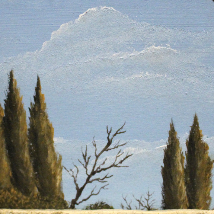 Krippenhintergrund gemalt mit blauem Himmel und weißen Wolken